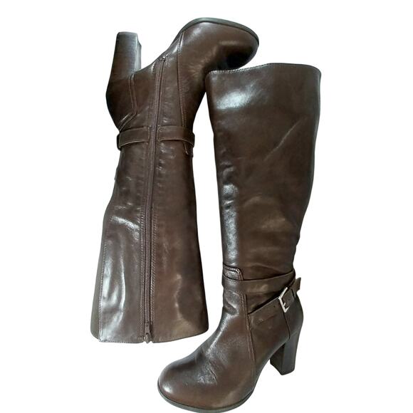 MARC FISHER! ESPRESSO BROWN GENUINE LEATHER CHUNKY HEEL ANKLE WRAP BOOTS!SZ 7.5M - Picture 6 of 11